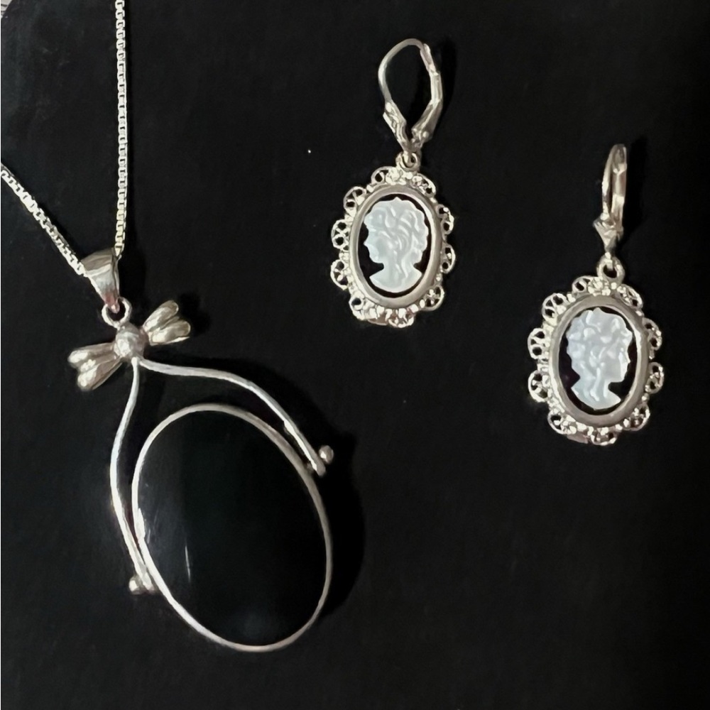 Vintage Silver and Black Onyx/Mother of Pearl Cameo Necklace and Earrings Set
